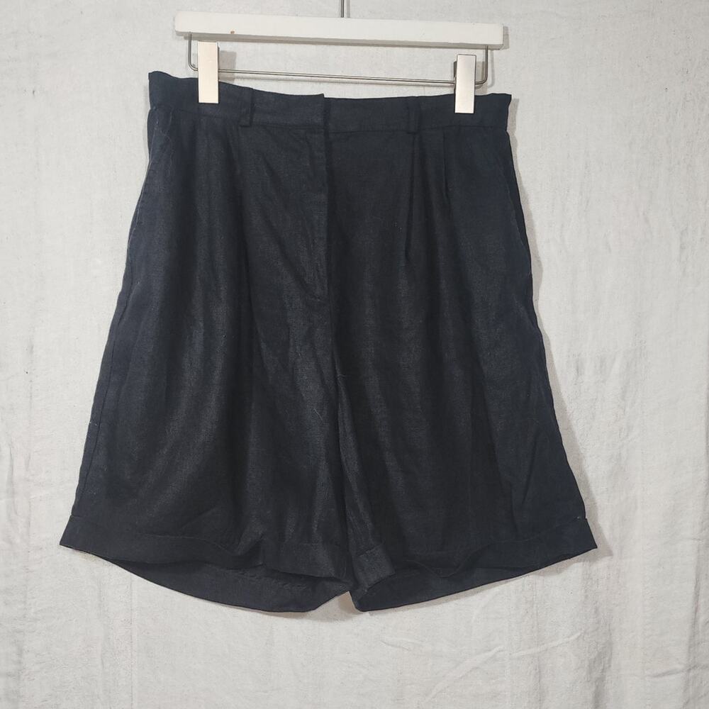 LORD & TAYLOR sz 14 black 100% linen pleated front Bermuda SHORTS